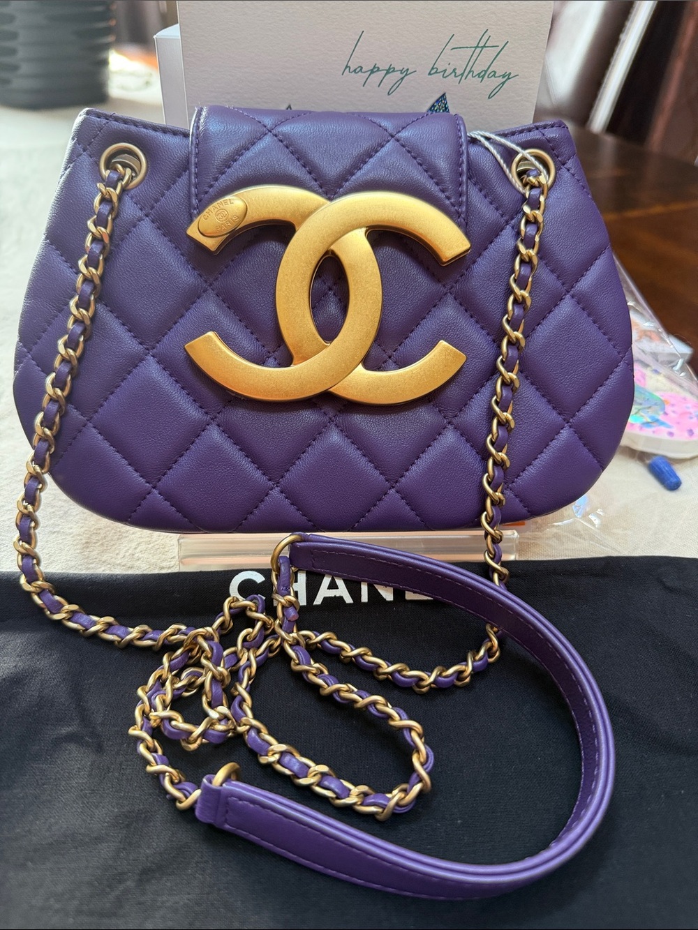 CHANEL Purple Quilted Leather CC Chain Crossbody Bag with Gold Hardware